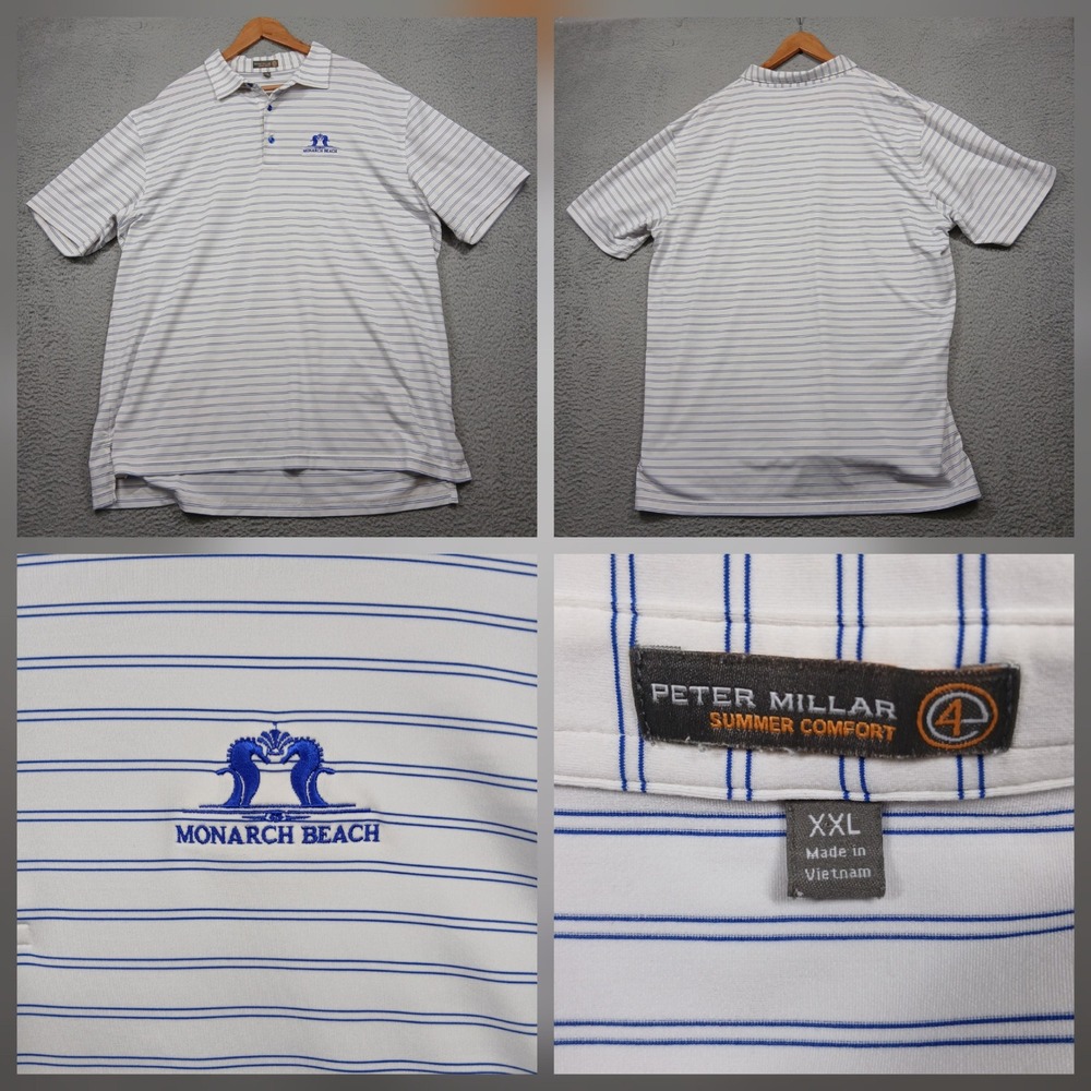 Peter Millar Summer Comfort Golf‎ Polo Men's XXL White Blue Stripe Monarch